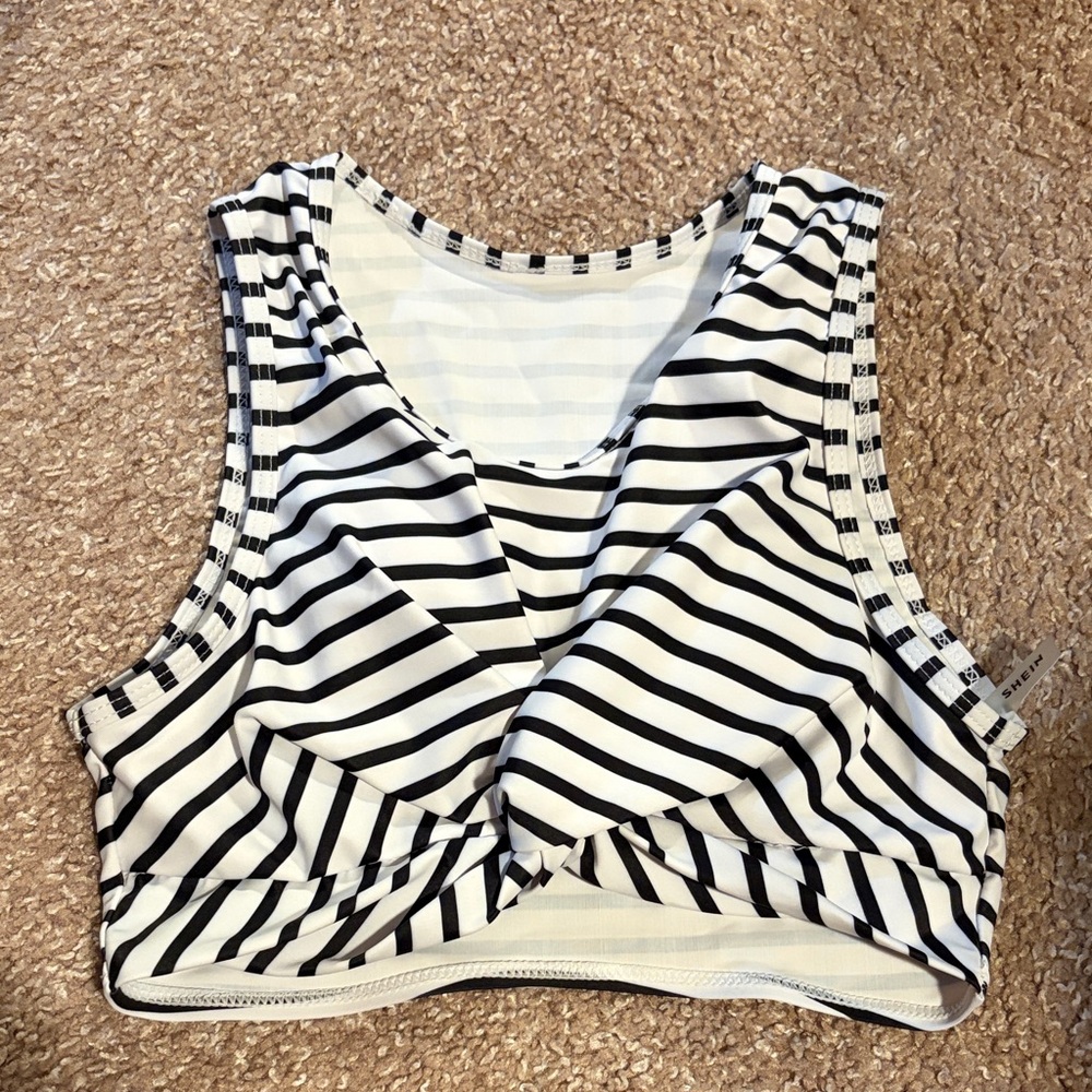Shein Black and White Striped Sports Bra Style Swim Top